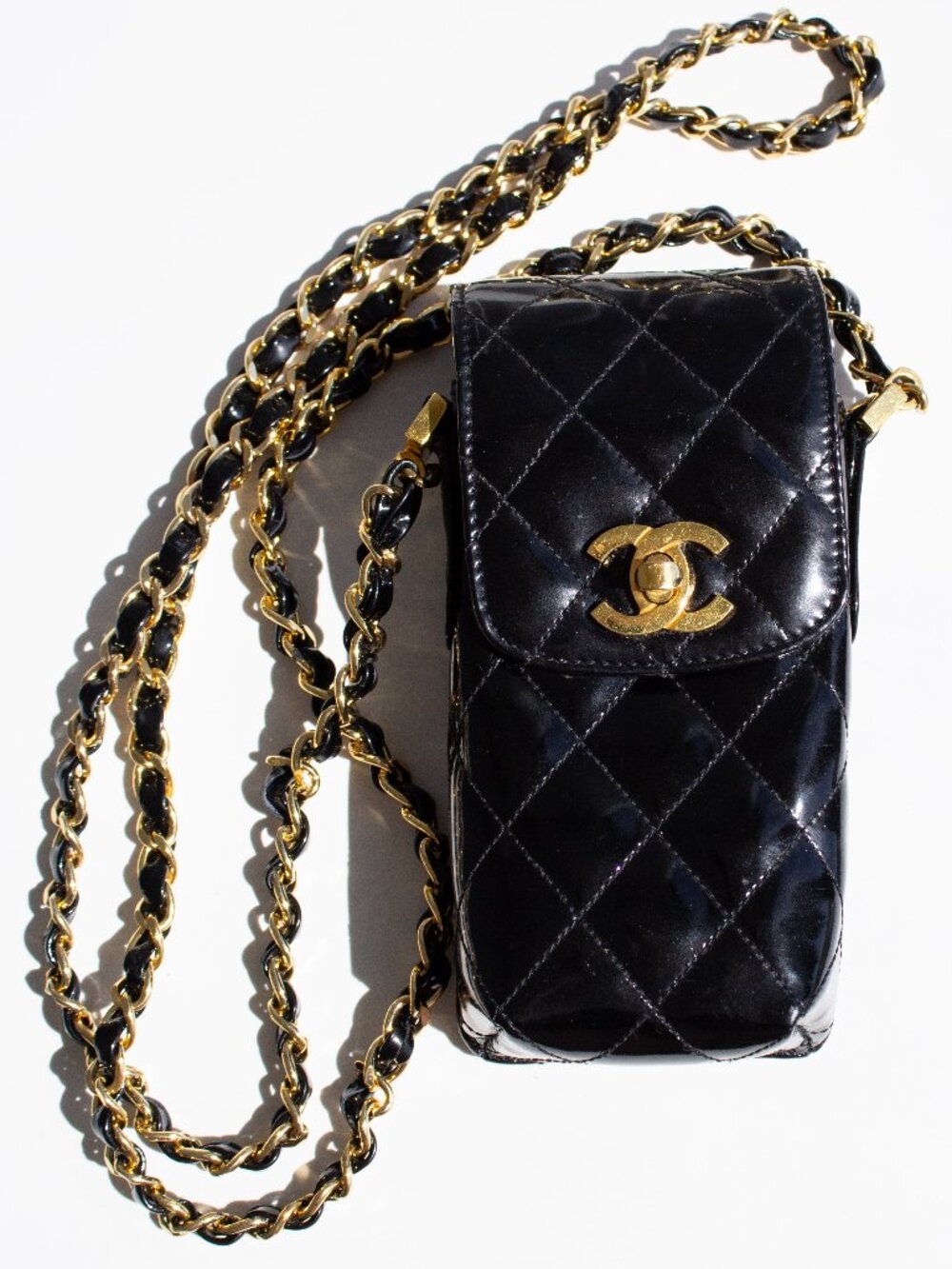 Chanel Vintage 1996 Black Patent Leather Gold CC Turnlock 90s Phone Holder